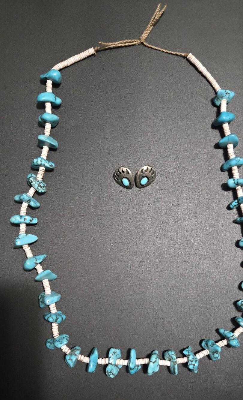 Southwestern Turquoise Jewelry Set: Nugget Heishi Necklace & Bear Paw Studs